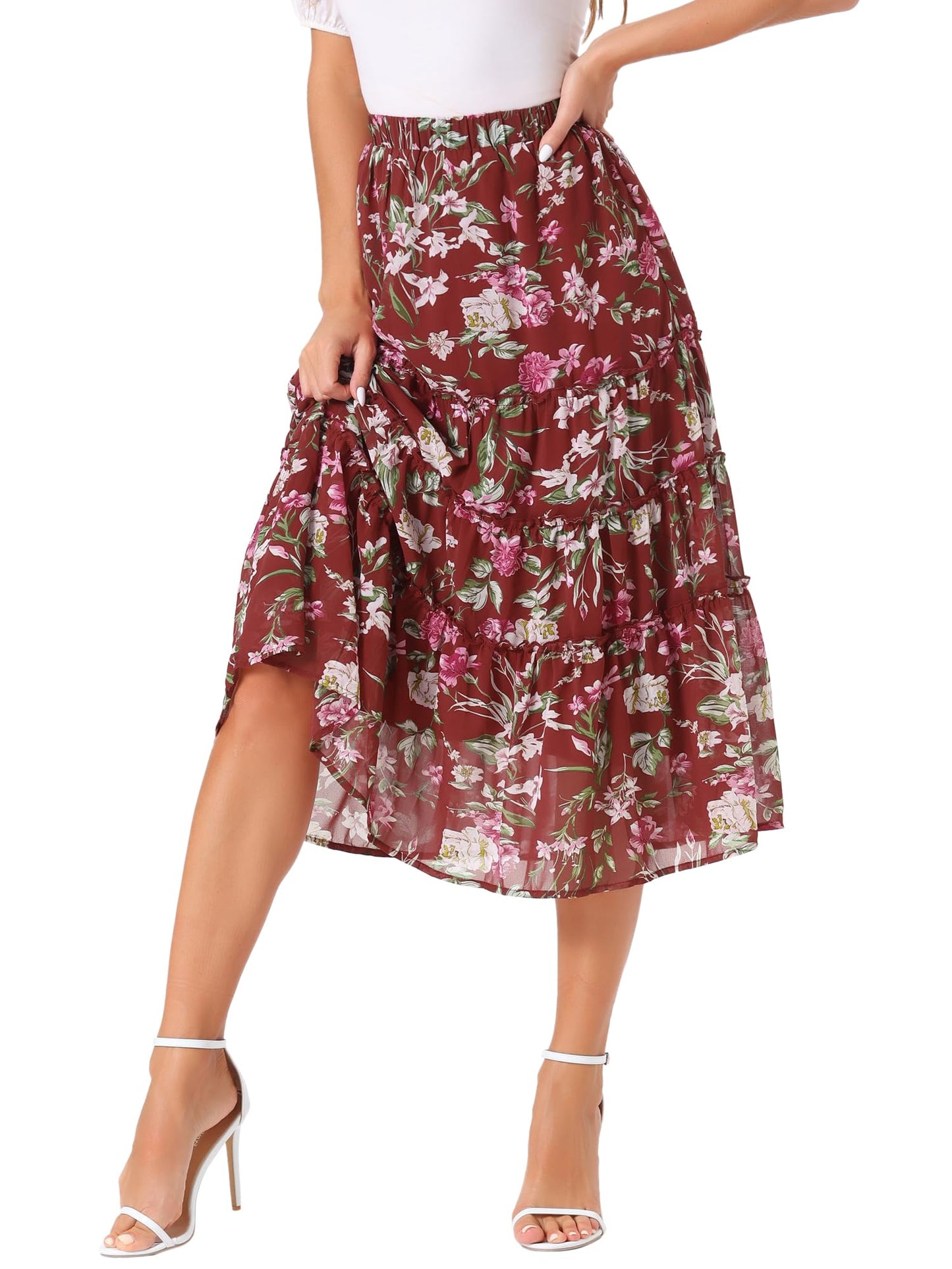 K Women's Floral Skirt Chiffon A-line Long Tiered Ruffle Boho