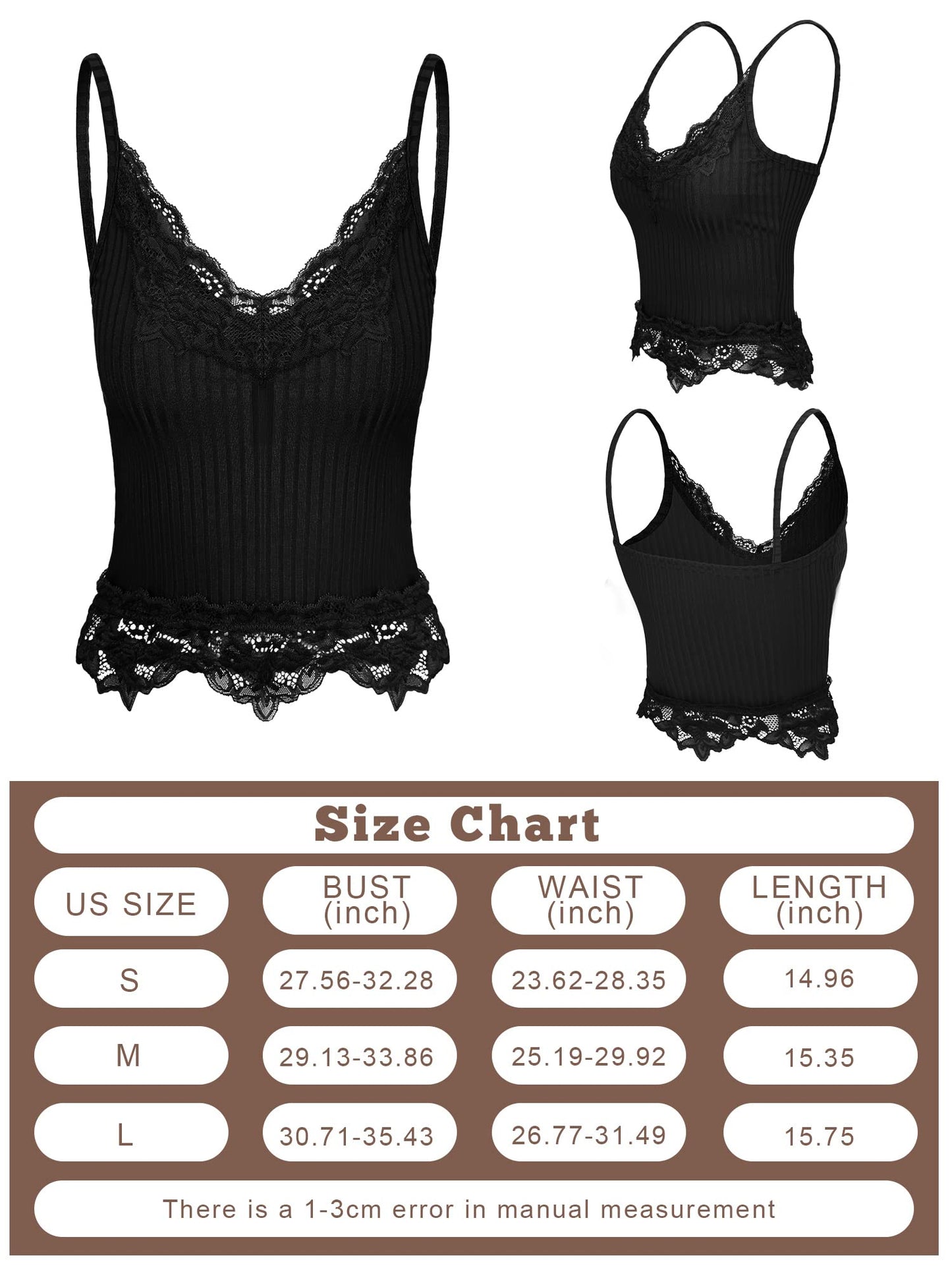 Women's Lace Tank Tops Y2k Camisole Lace Patchwork Crop Tops Grunge Style Ribbed Knitted 3pcs