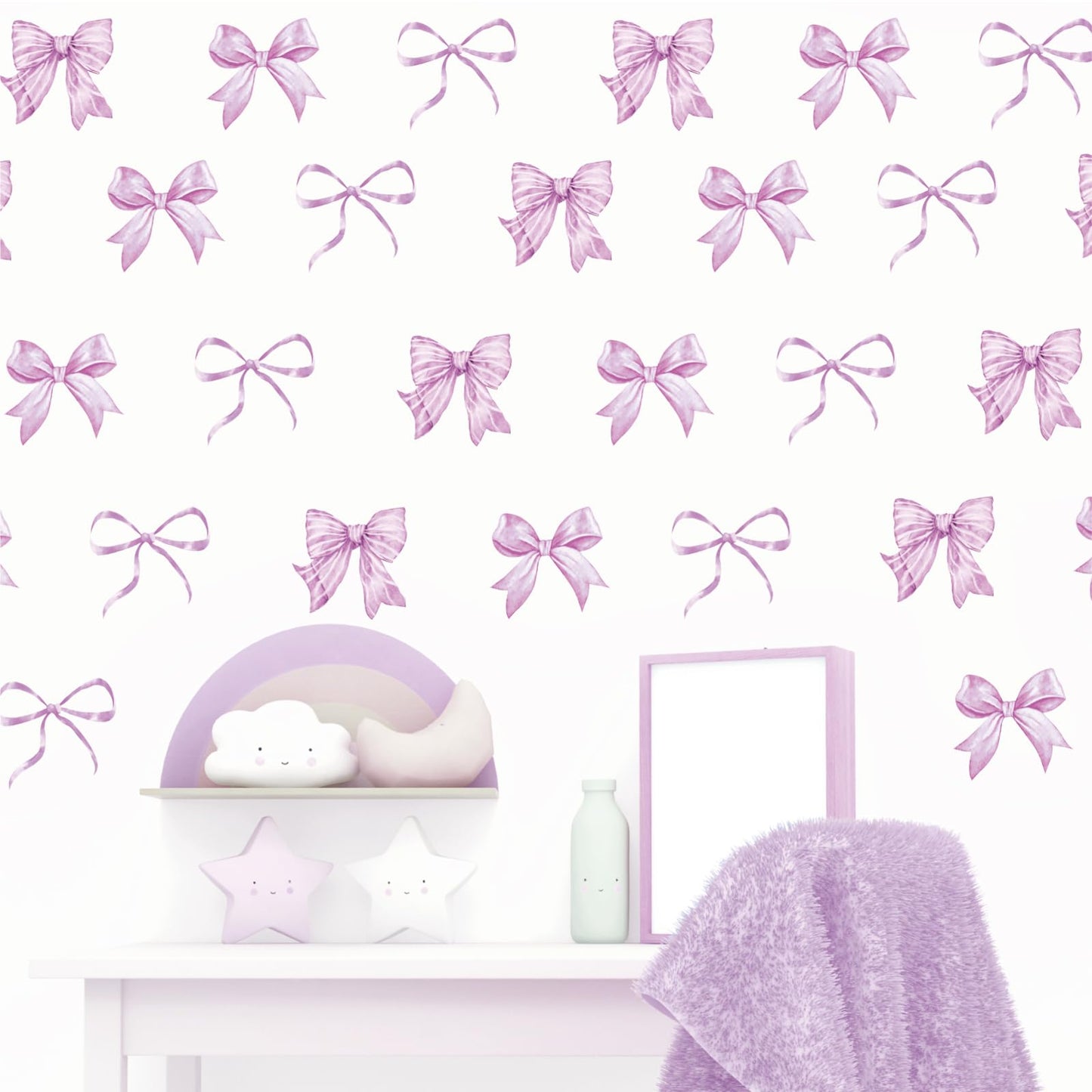 Whaline 12 Sheets Light Purple Bow Wall Stickers Watercolor Bowknot Wall Decals Room Mural Stickers for Coquette Birthday Party Home Nursery Decor, 7.9 x 11.8 Inch