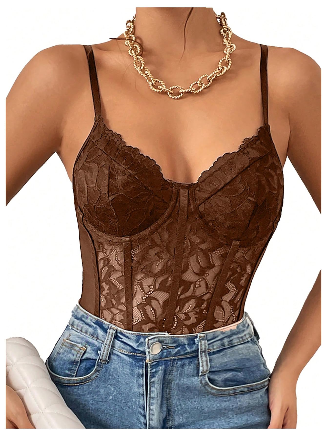 Sexy Floral Lace Sheer Mesh Corset Bodysuit Spaghetti Strap Cami Tops