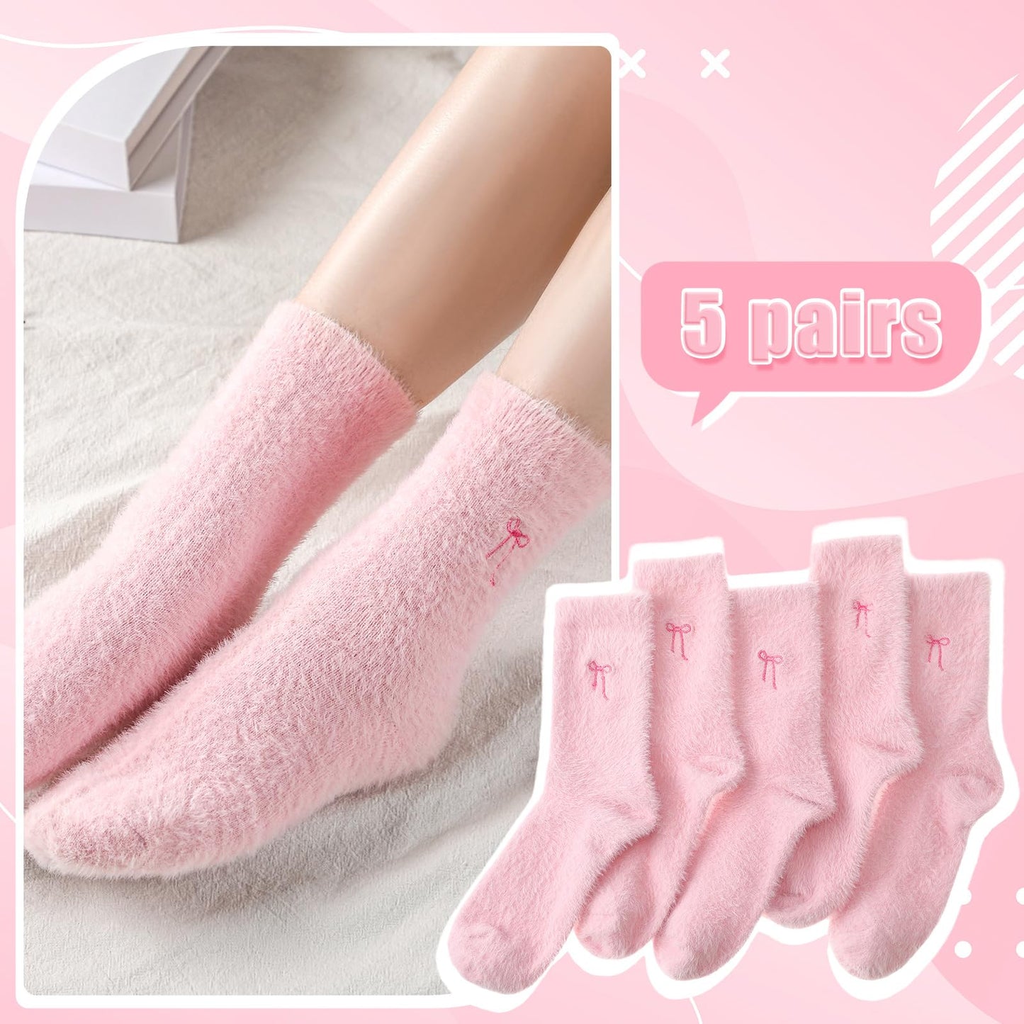 Women's Bow Fuzzy Socks Winter Crew Slipper Socks Coquette 5 Pcs