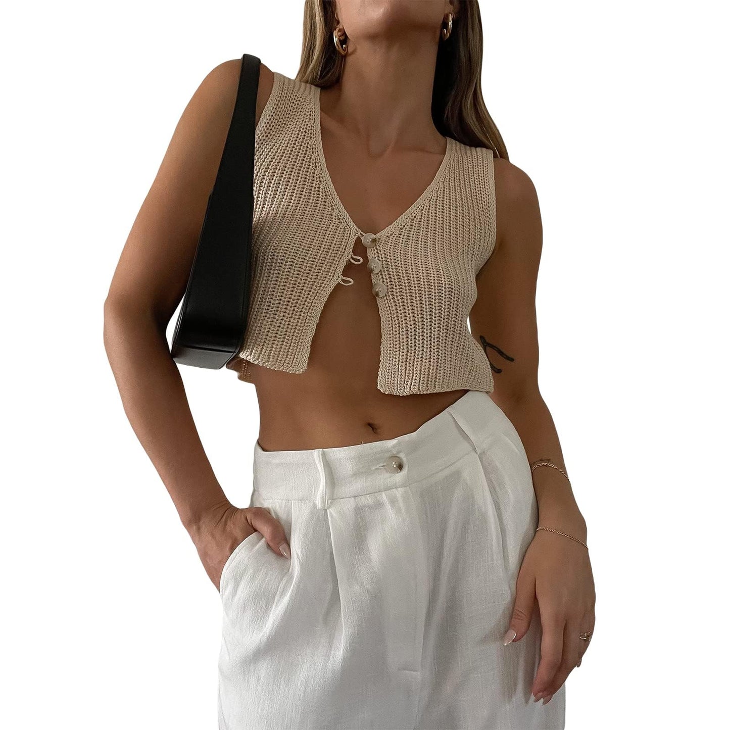 Y2k Button Down V Neck Sleeveless Crop Top Hollow Out Open Front Tank Crotchet