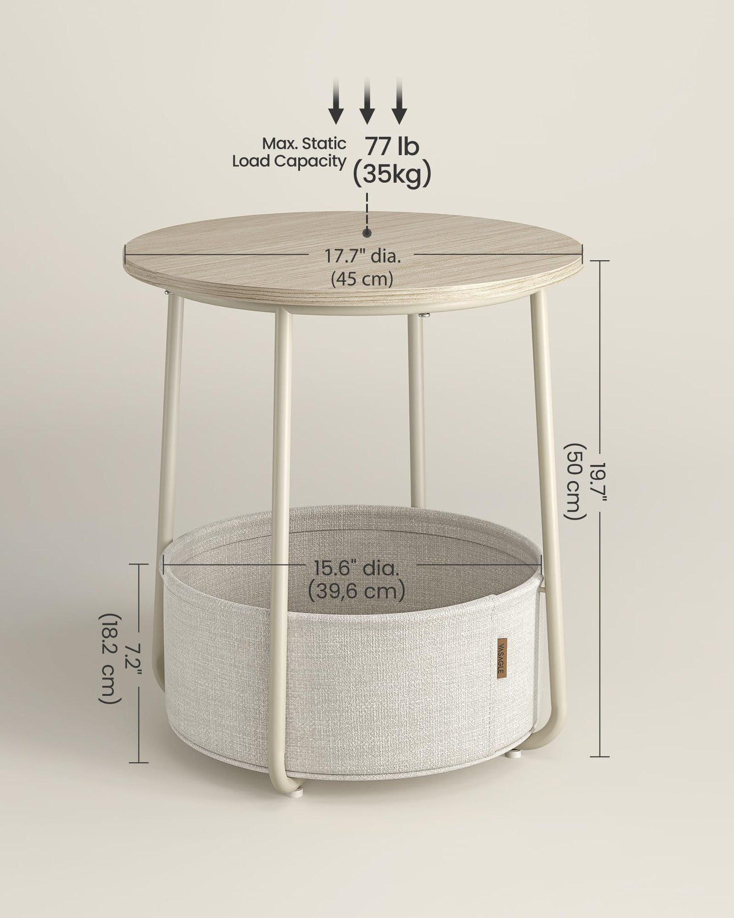 Small Bedside Table with Fabric Basket, Modern Nightstand, Round Side Table