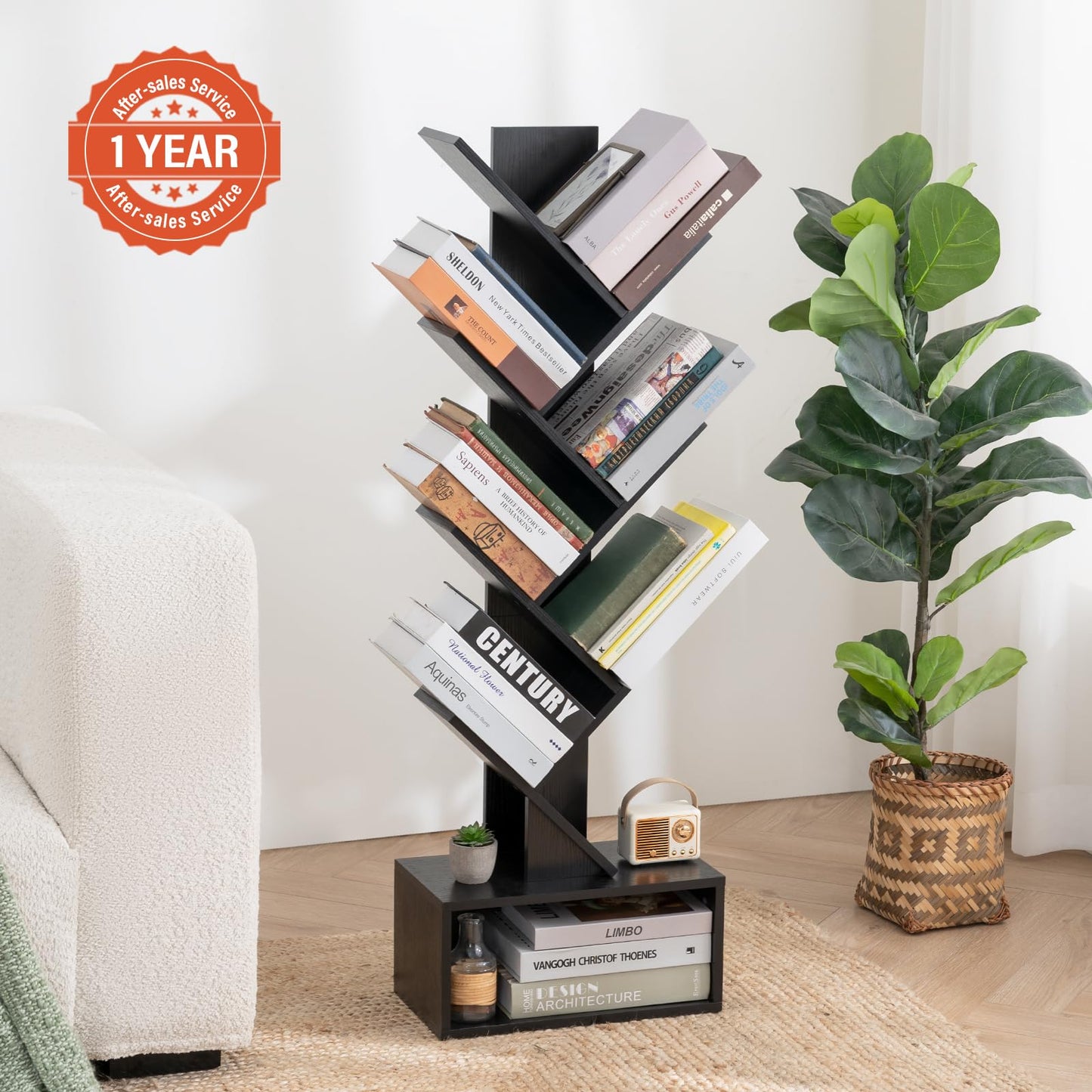 Tree Bookshelf - 6 Shelf Retro Floor Standing Bookcase, Tall Wood Book Storage Rack