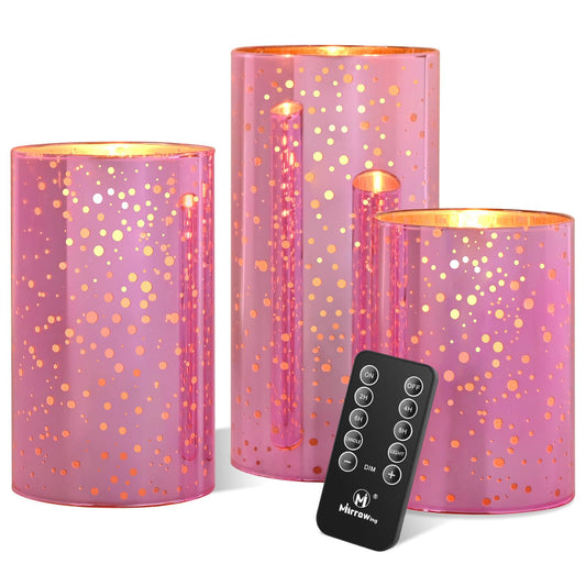 Pink Glass Battery Operated Flameless Candles with Remote and Cycling 24 Hours Timer, (Batteries Included)