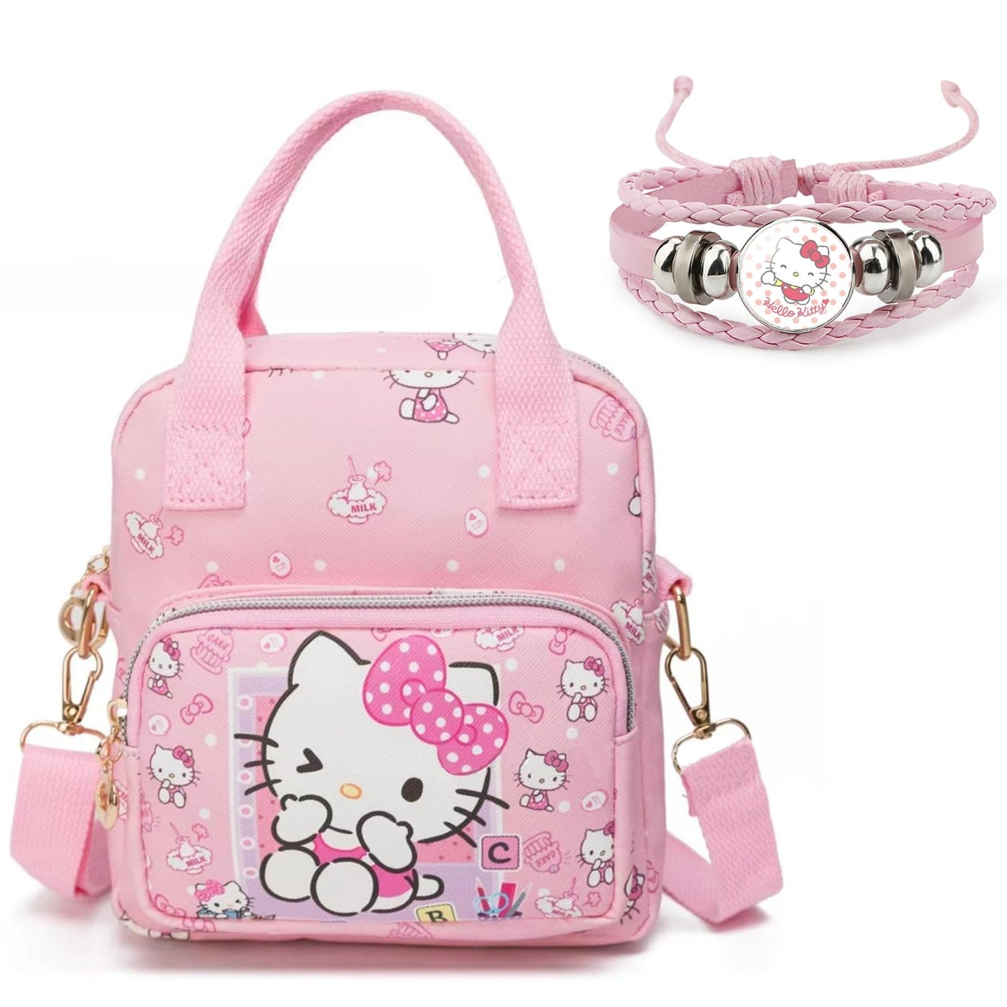 Kawaii Kitty PU Crossbody Bag with Handles Adjustable Shoulder Strap and Bracelet, Handbag with Zipper, Wallet Purse