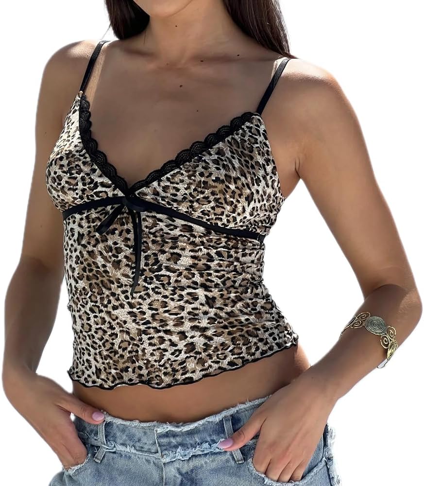 Women Y2k Crop Tank Top Low Cut Sleeveless Cami Top Sexy V Neck Spaghetti Strap Camisoles