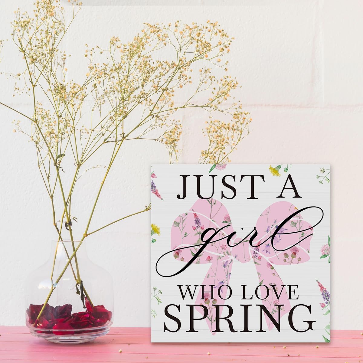 Spring Farmhouse Pink Bow Decor – Cute Tabletop Sign for Home, Office & Bedroom