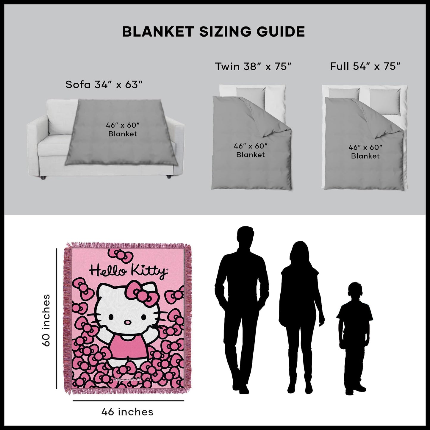 Hello Kitty Woven Jacquard Throw Blanket, 46" x 60", More Bows