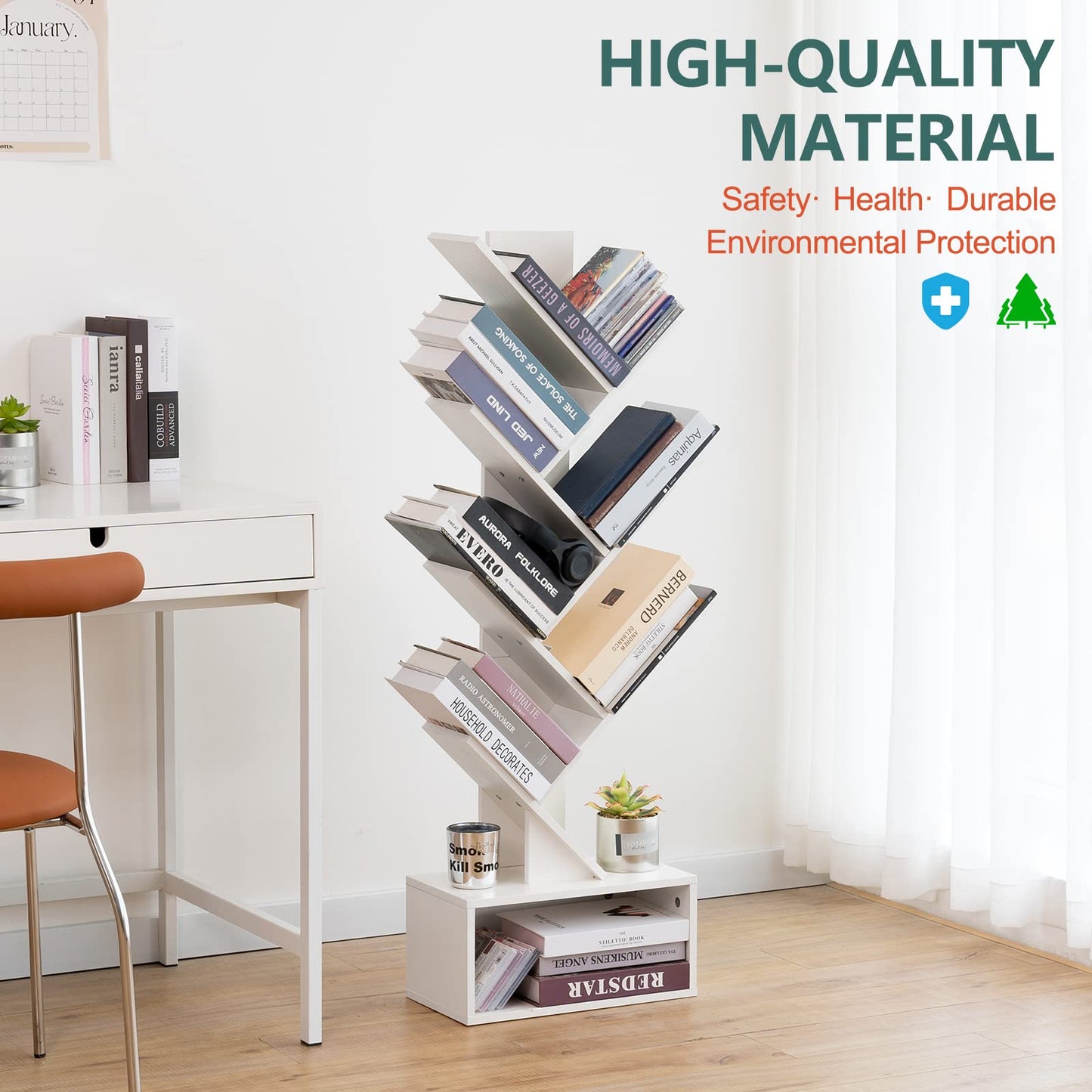 Tree Bookshelf - 6 Shelf Retro Floor Standing Bookcase, Tall Wood Book Storage Rack