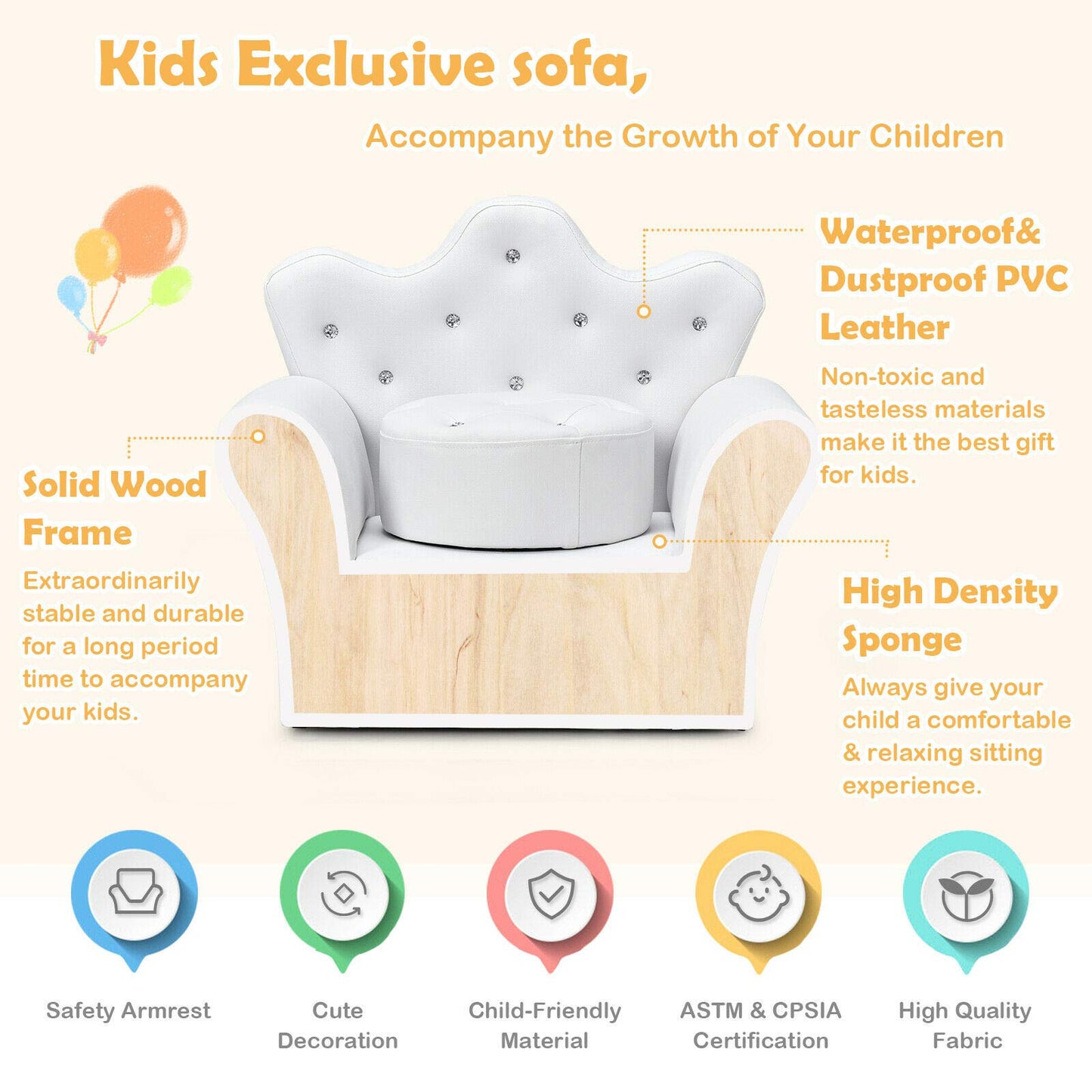 Children Upholstered Sofa with Ottoman, Princess Sofa with Diamond Decoration