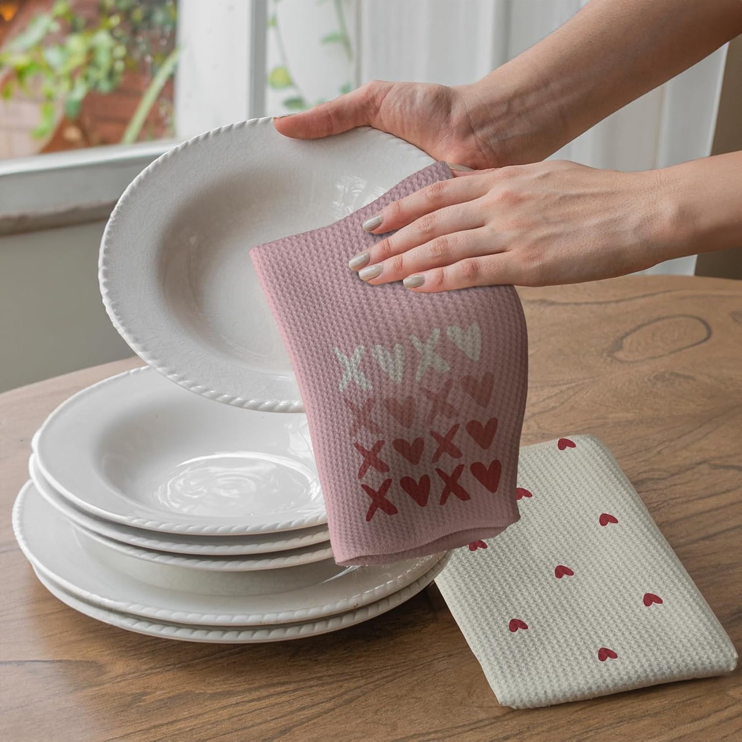 Pink XOXO Valentines Day Kitchen Hand Towels 16x24In Set of 2, Love Heart Dish Towels for Valentine's Day Decor