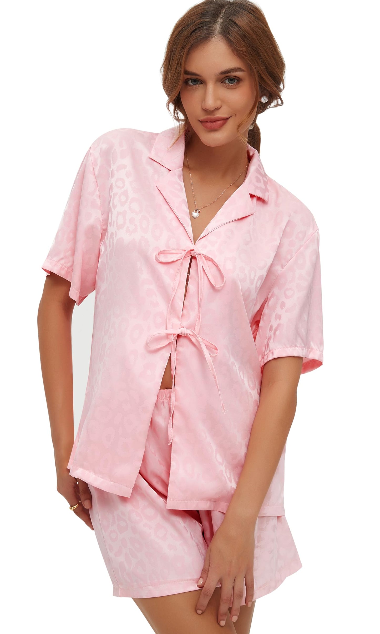 Women's Silk Satin Pajamas Sets Tie Front Short Sleeve Tops and Shorts Two Piece Pj Sets Sleepwear