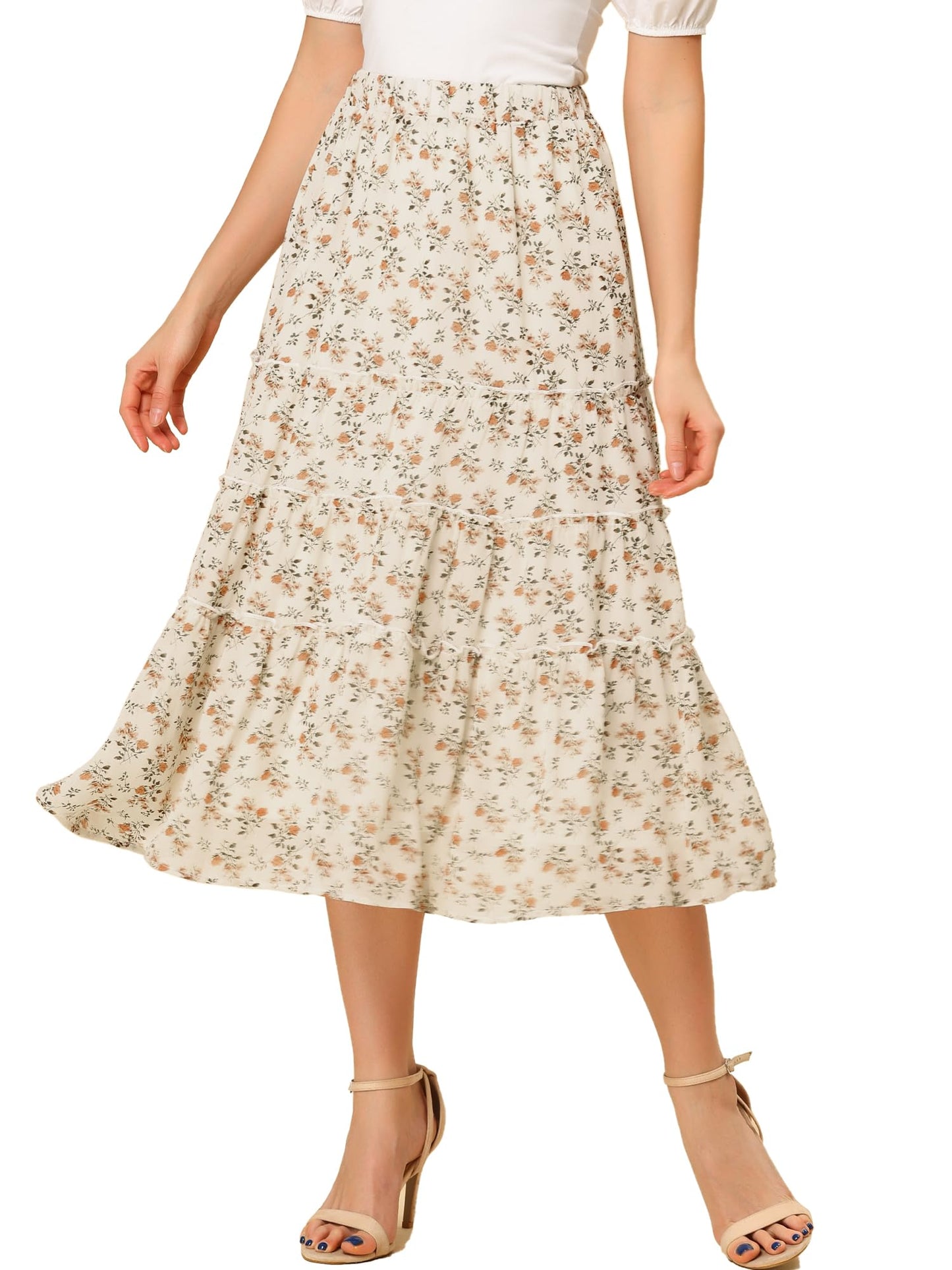 K Women's Floral Skirt Chiffon A-line Long Tiered Ruffle Boho