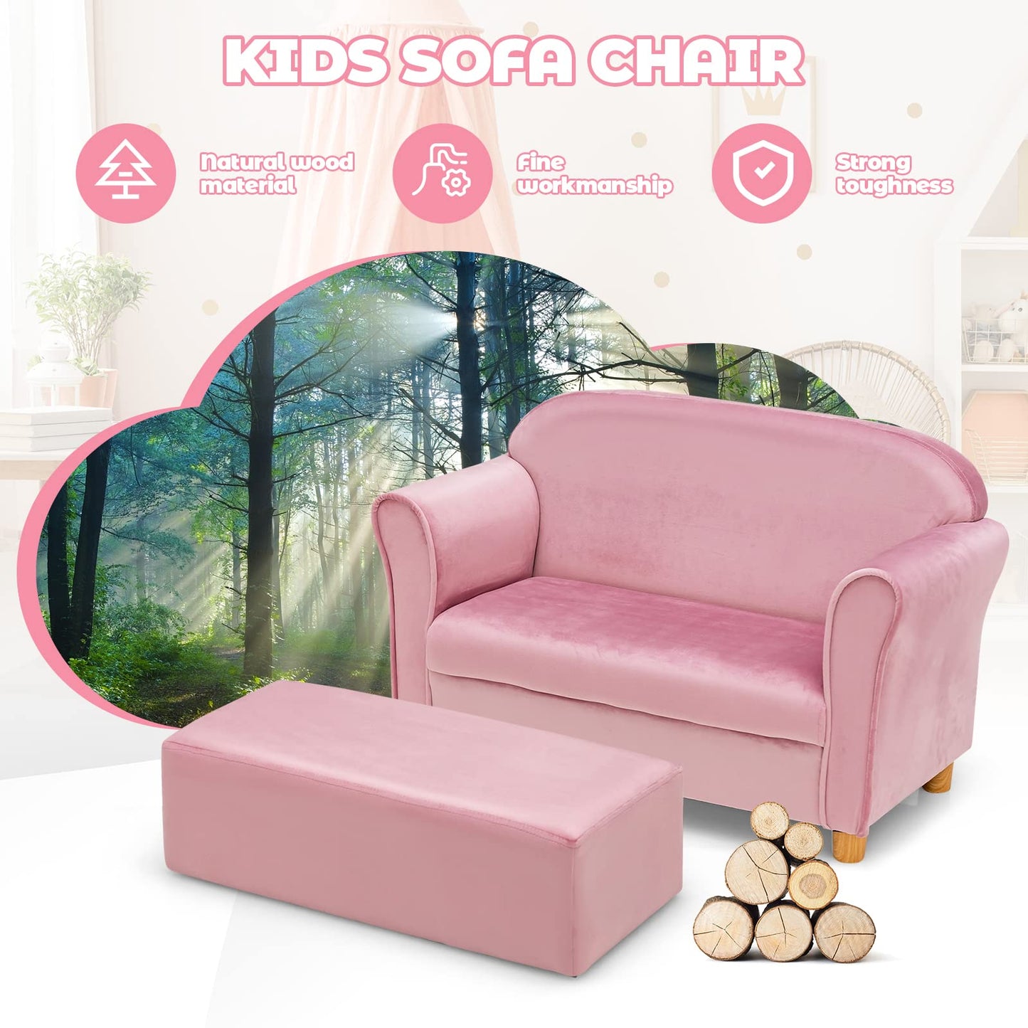 Kids Sofa with Ottoman, 2 Seat Toddler Upholstered Couch