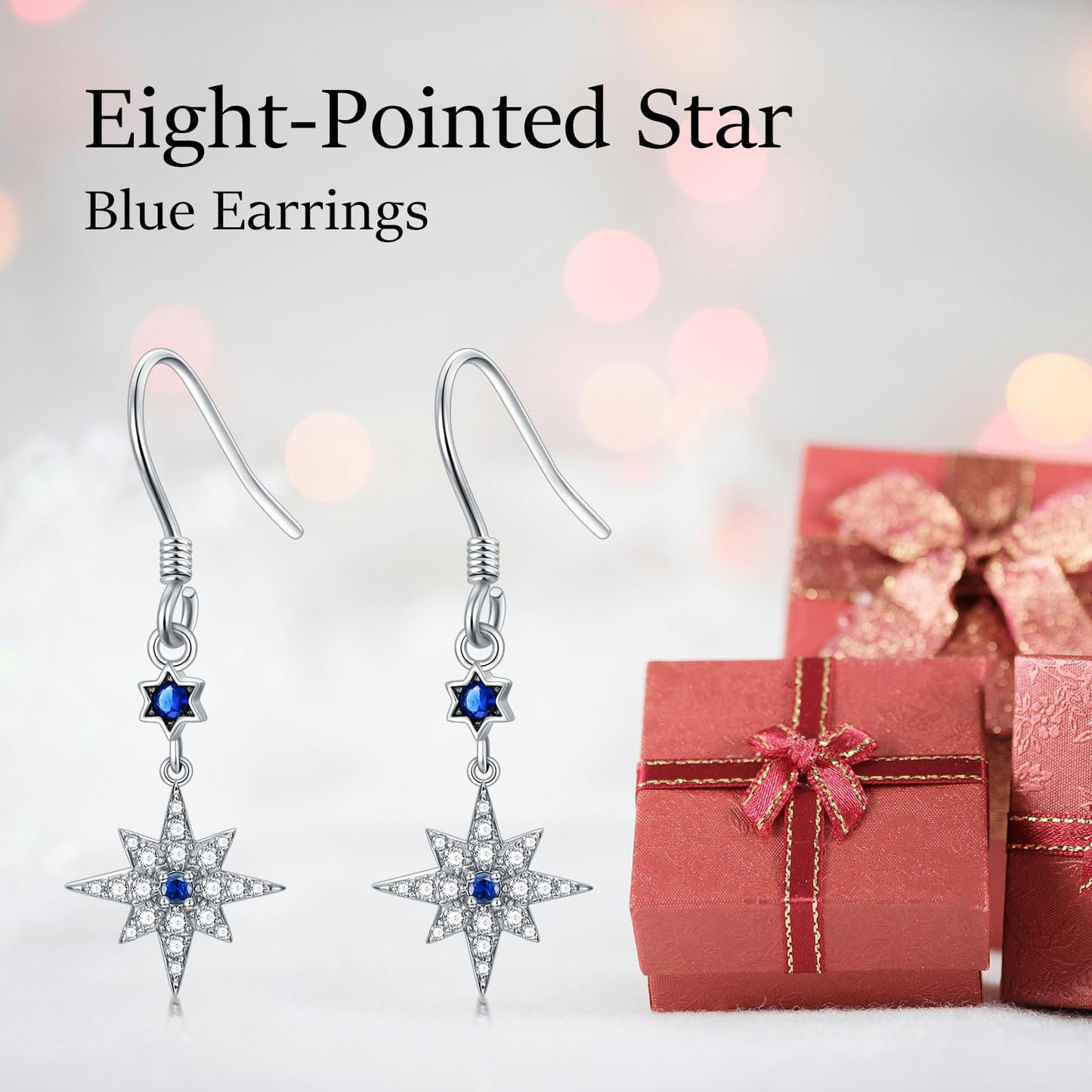 Sterling Silver Star/Love Heart Dangle Drop Earrings for Women Blue and Pink Hook Earrings with Gemstone