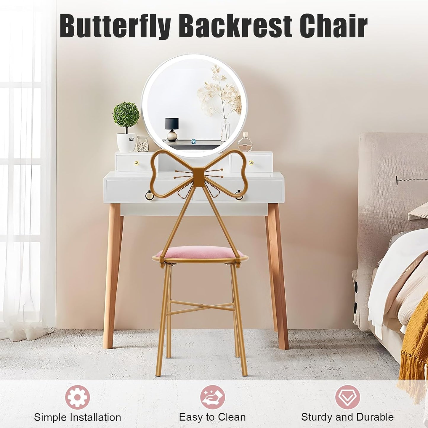 Modern Vanity Chair Stool, Cute Makeup Chair w/Butterfly Backrest and Pink Flannel Cushion