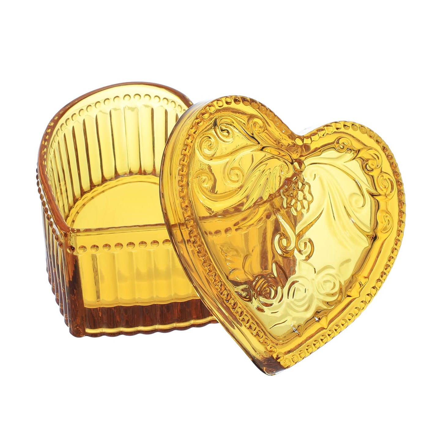 Heart-Shaped Crystal Glass Jewelry Box with Embossed Design and Lid