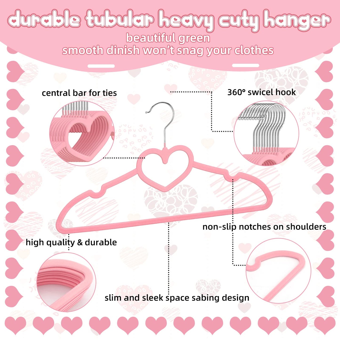 Pink Velvet Heart Hangers – Heavy-Duty 360° Swivel Clothes Hangers 50-Pack