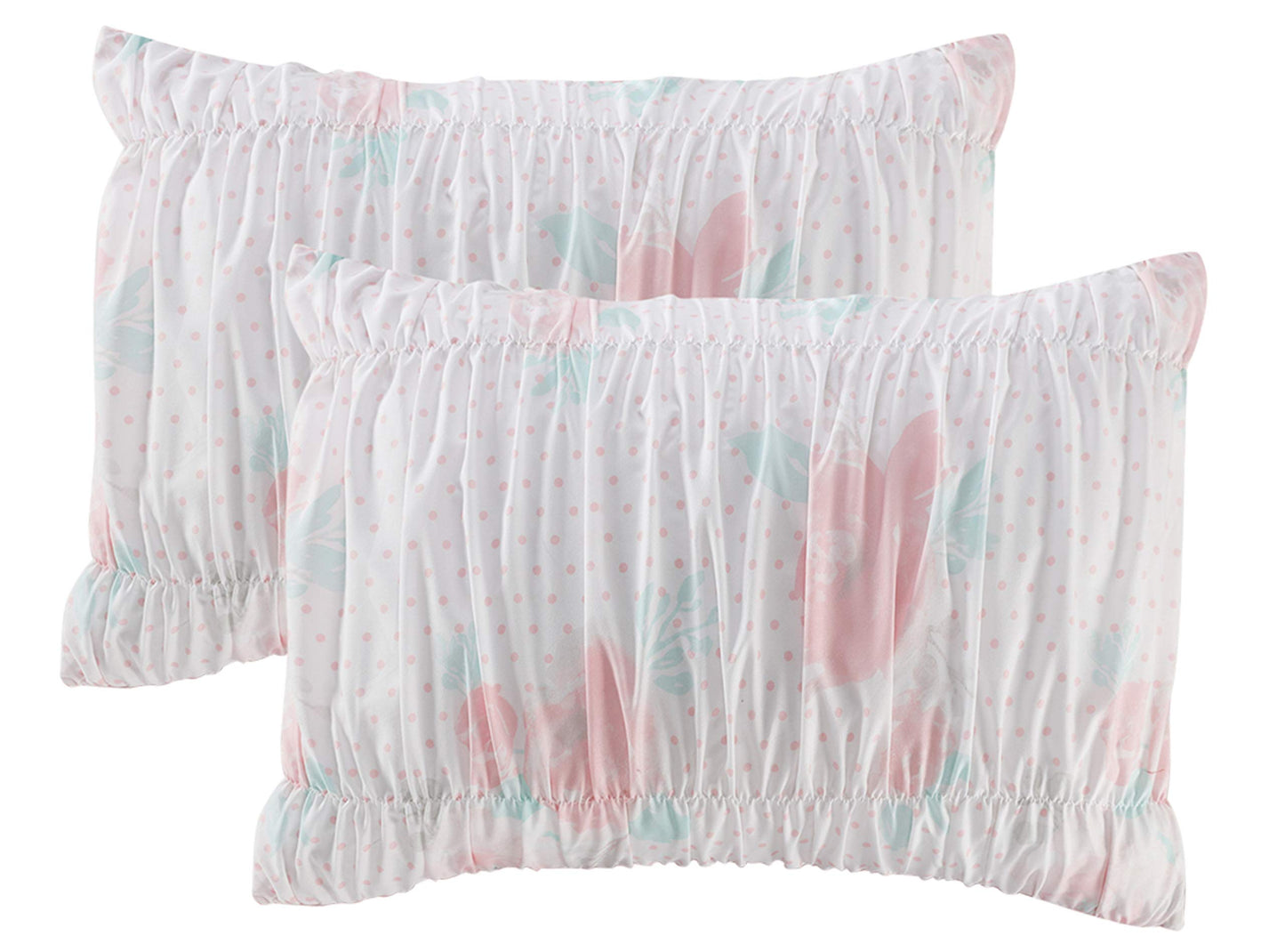 Pretty Floral 4-Piece Comforter set with Smocking and Ruffled texture, Girls, Teen bedding, Shabby Chic, White/Pink/Aqua