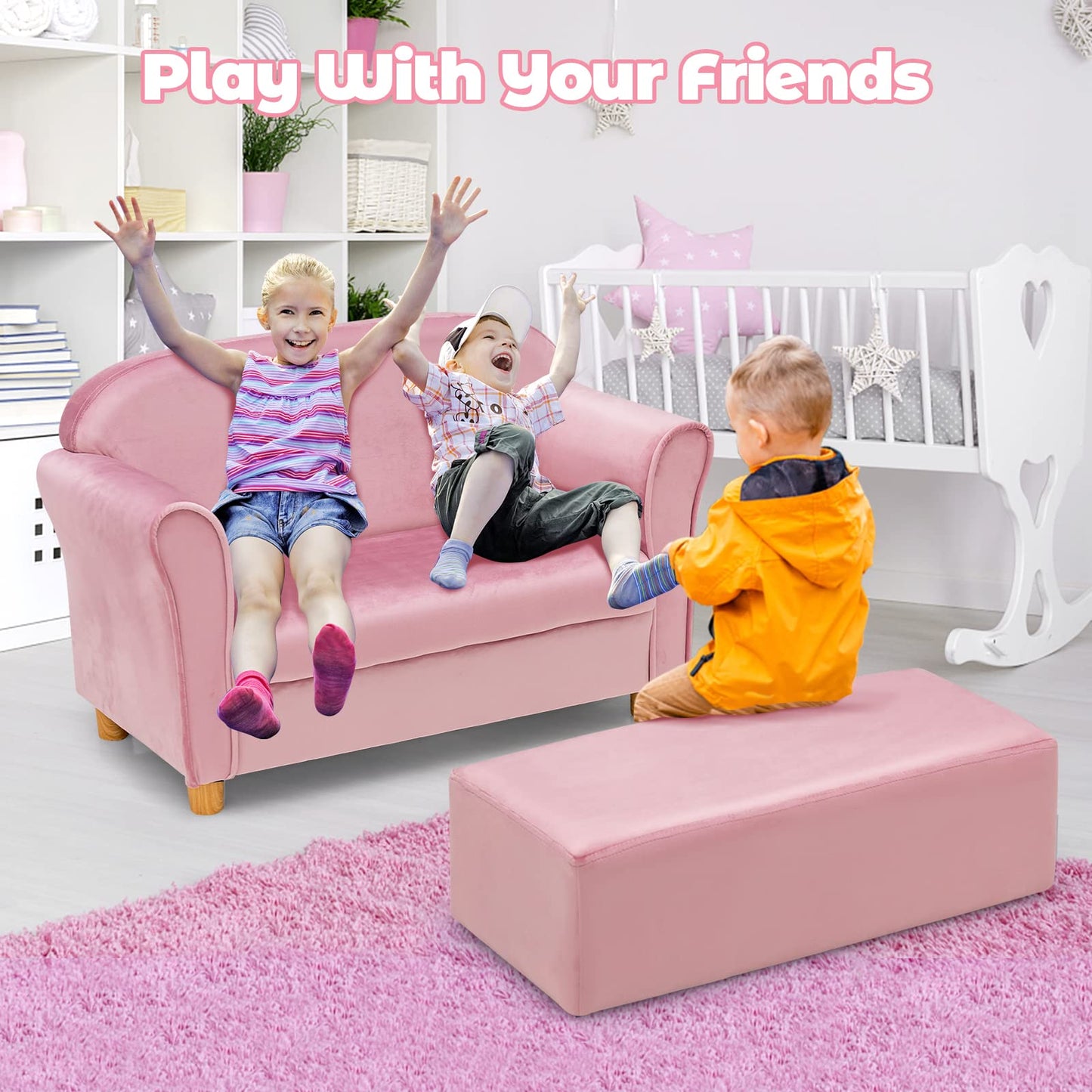 Kids Sofa with Ottoman, 2 Seat Toddler Upholstered Couch