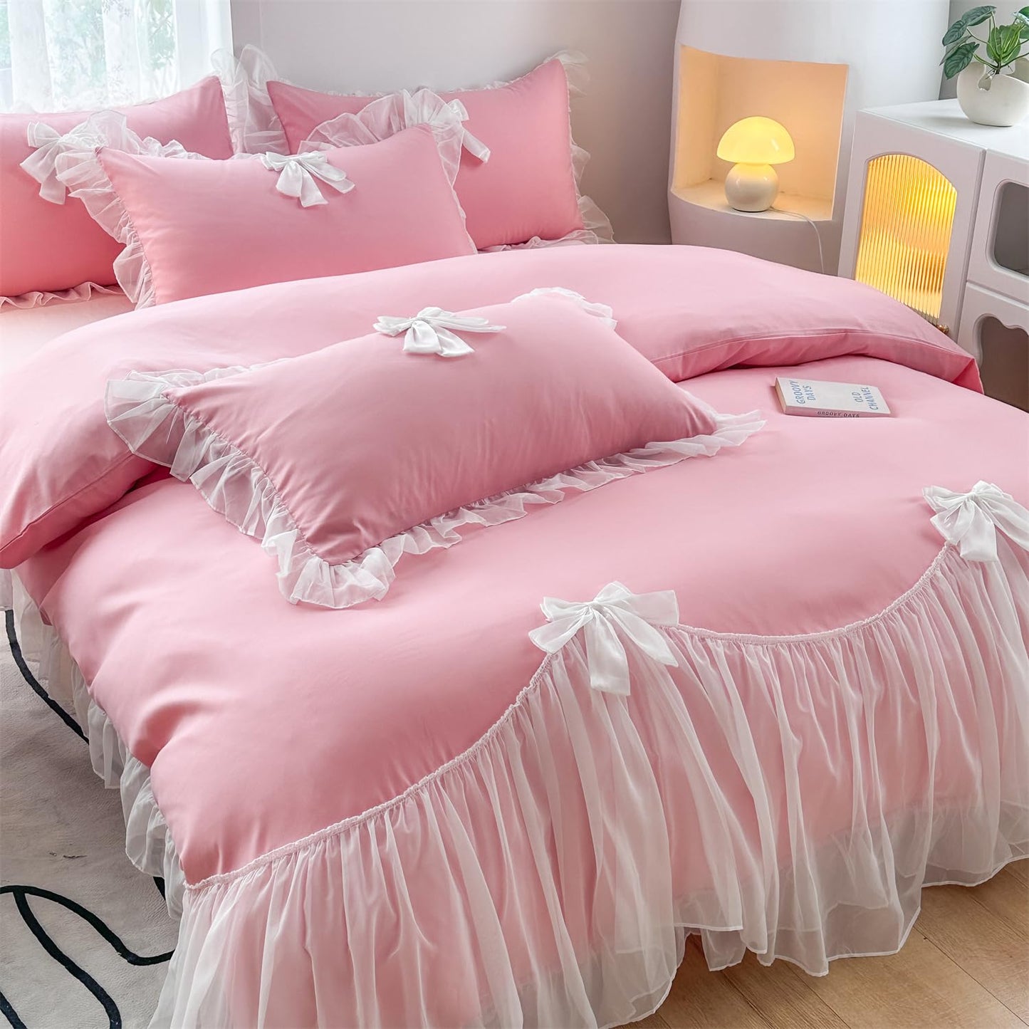 Princess Style Lace Bedding Comforter Cover Set, Chic Ruffled Duvet Cover with Lovely Bow, 1 Duvet Cover with 2 Pillowcases, No Comforter