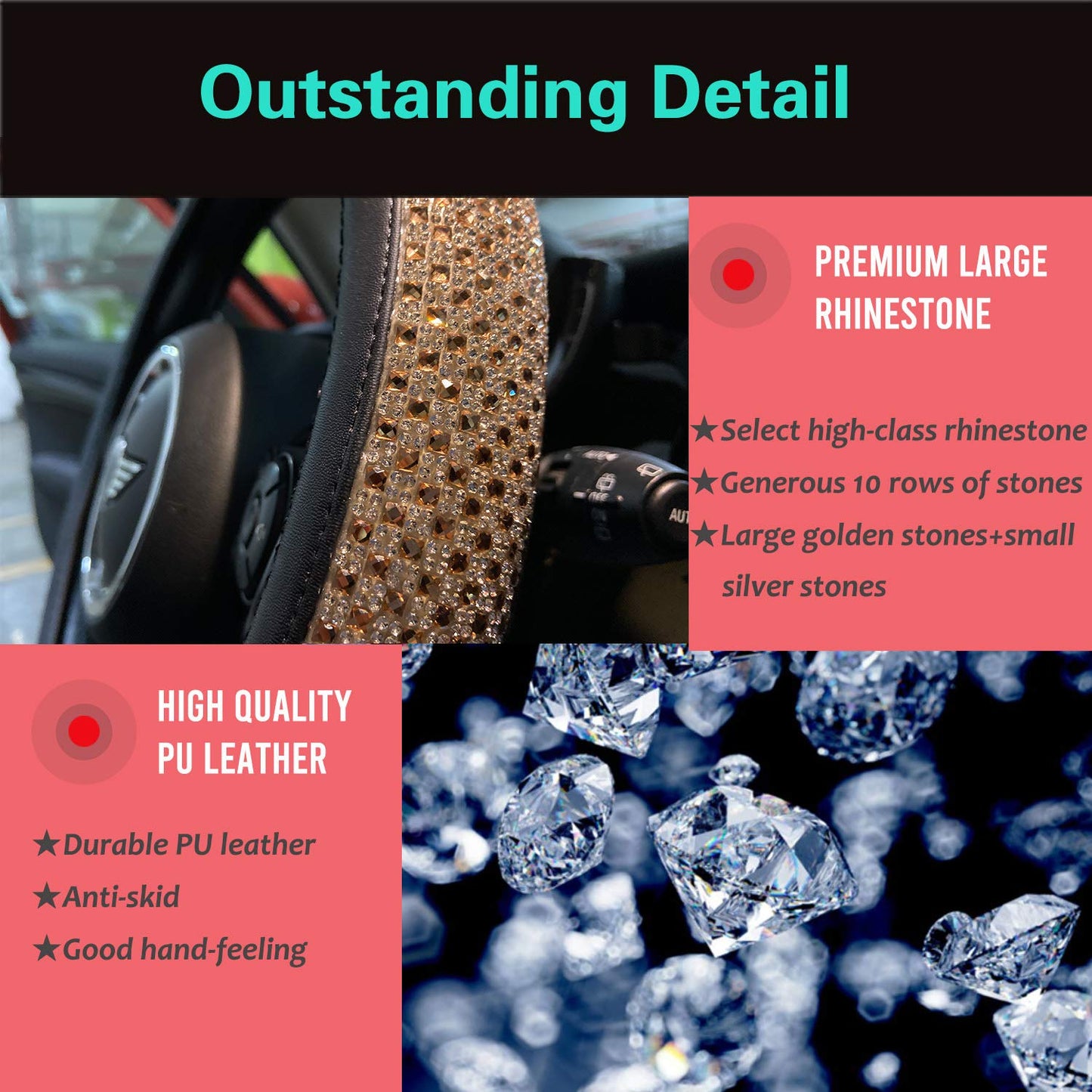 Universal Bling Bling Comfy Steering Wheel Cover with Jumbo Crystal Rhinestones, Anti-Slip Diamond Leather, 14.5-15 Inch