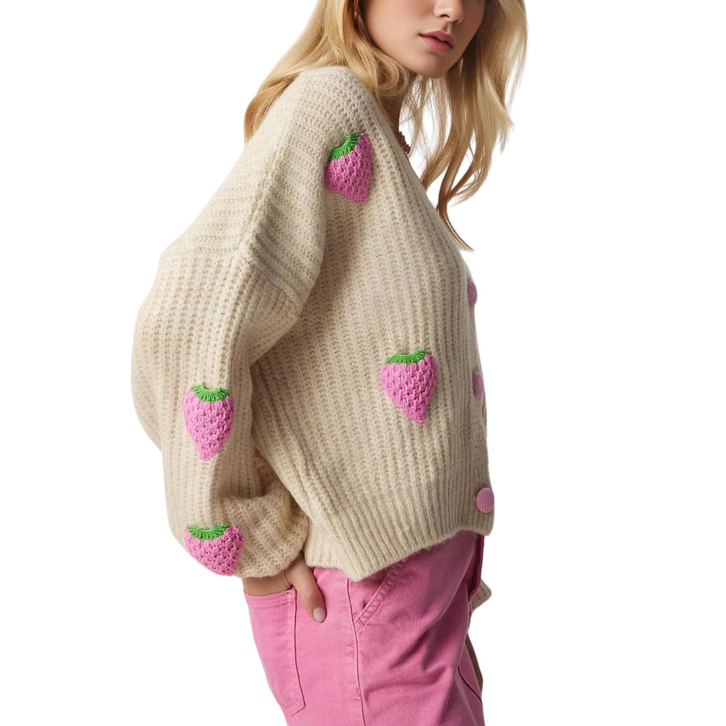 Women’s Kawaii Strawberry Embroidered Cardigan Long Sleeve V Neck Chunky Knitted Cardigans