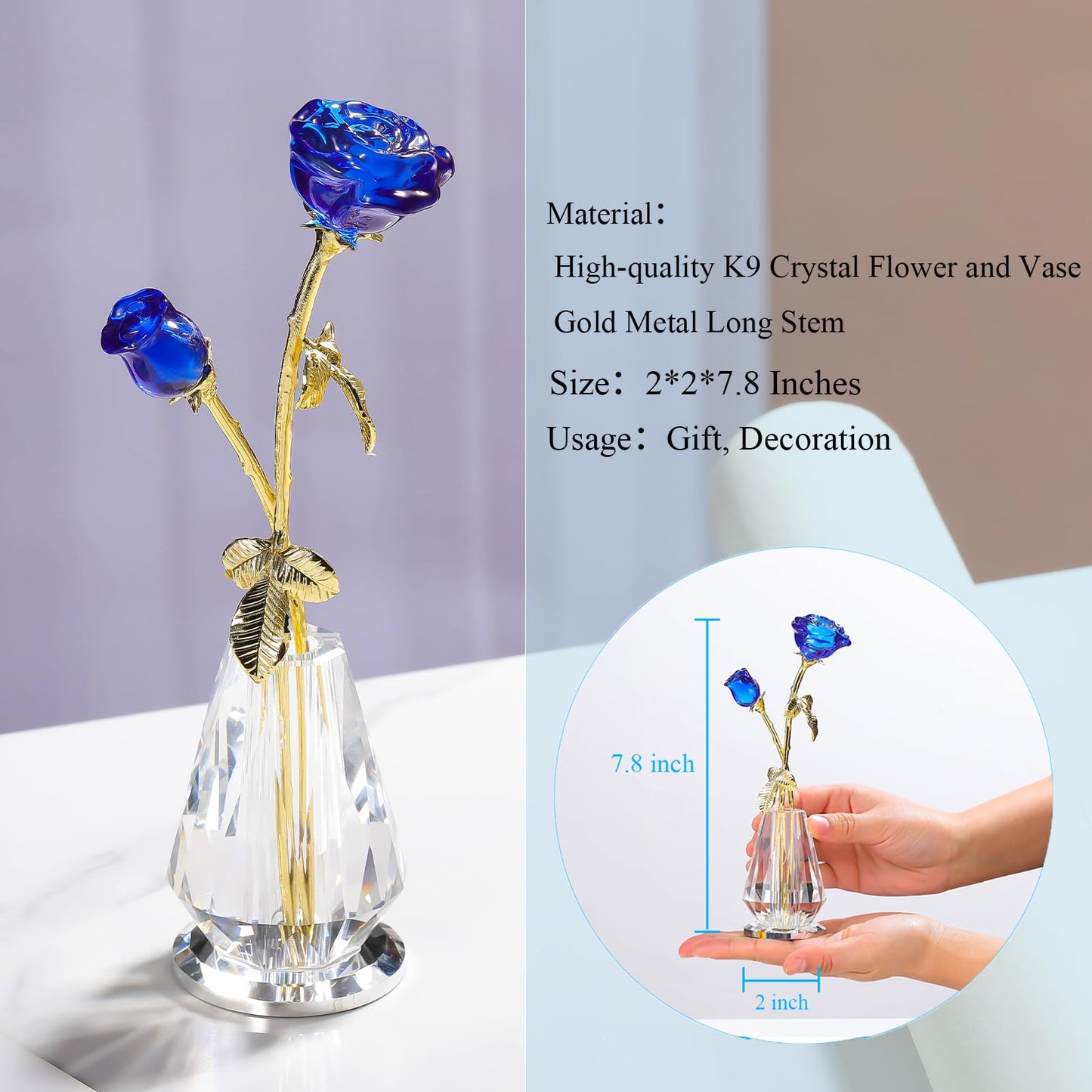 Crystal Rose Flowers Figurines Home Decor, Glass Roses with Stems