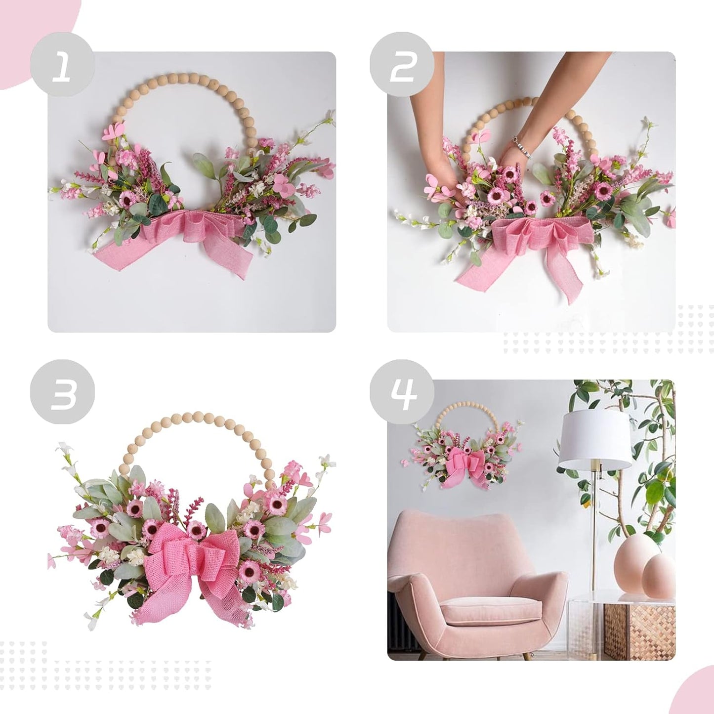 Spring Pink Daisy Burlap Bow Wreath Wooden Beaded Door Wreath