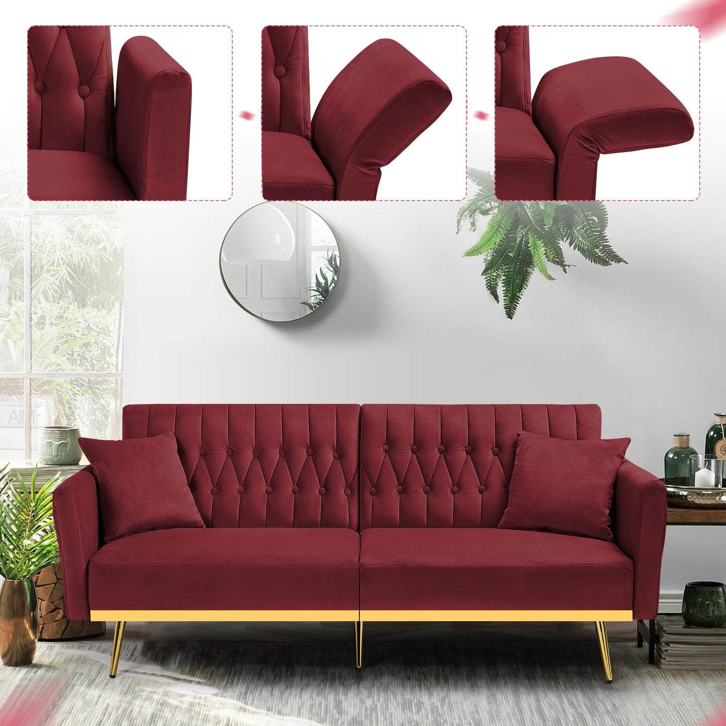 Velvet Futon Sofa Bed with 2 Pillows and Adjustable Armrests, 70”