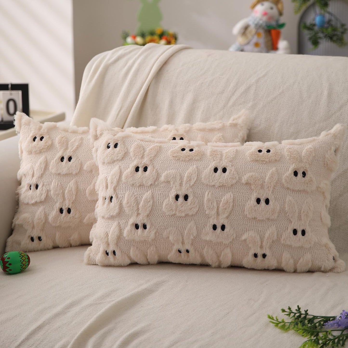 Easter Bunny Pillow Covers | Set of 2 Easter Soft Plush Faux Fur Jacquard Throw Pillows