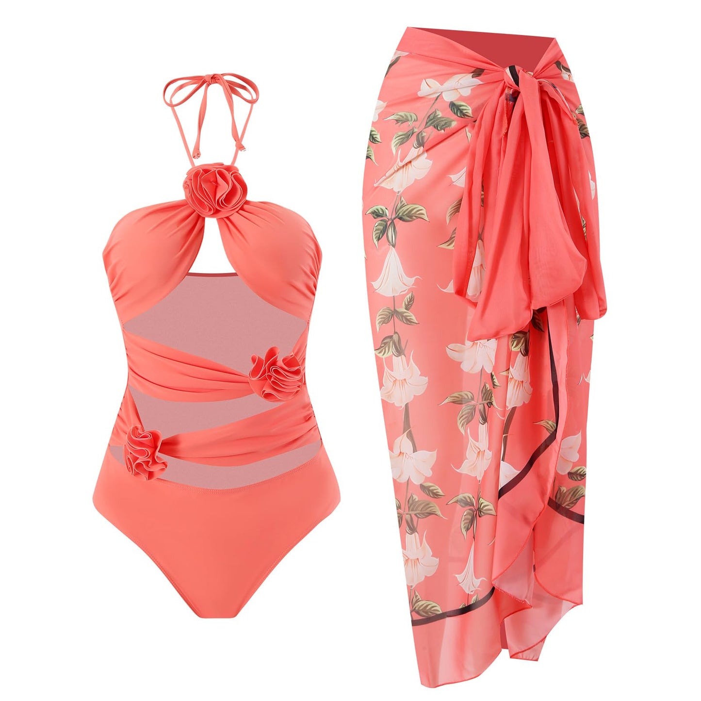 Women's Three-Piece Swimsuit Set with Tummy Control, Matching Wrap Skirt, and Mesh Cover-Up