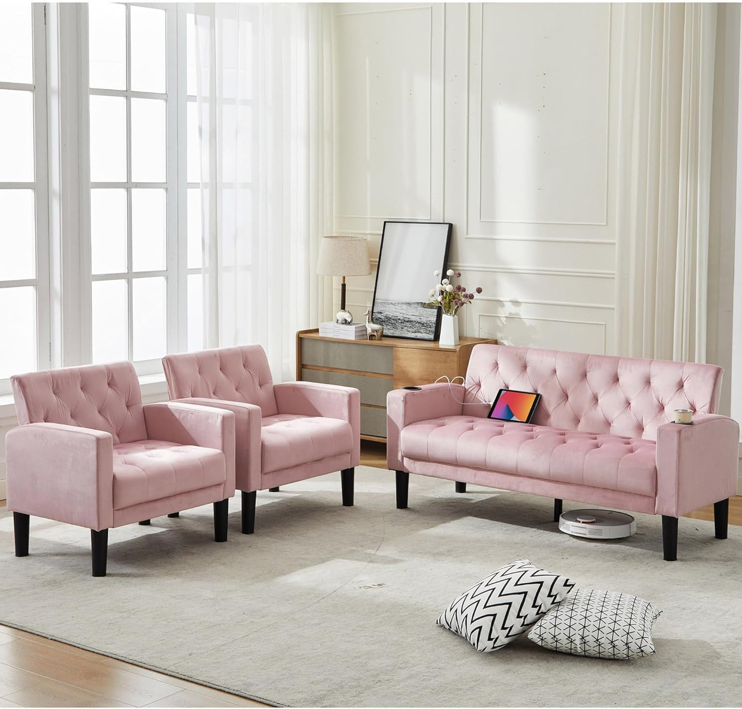 Loveseat Sofa w/ 2 USB Charger Ports and 2 Cupholders, Mid-Century Modern Tufted Pink Velvet