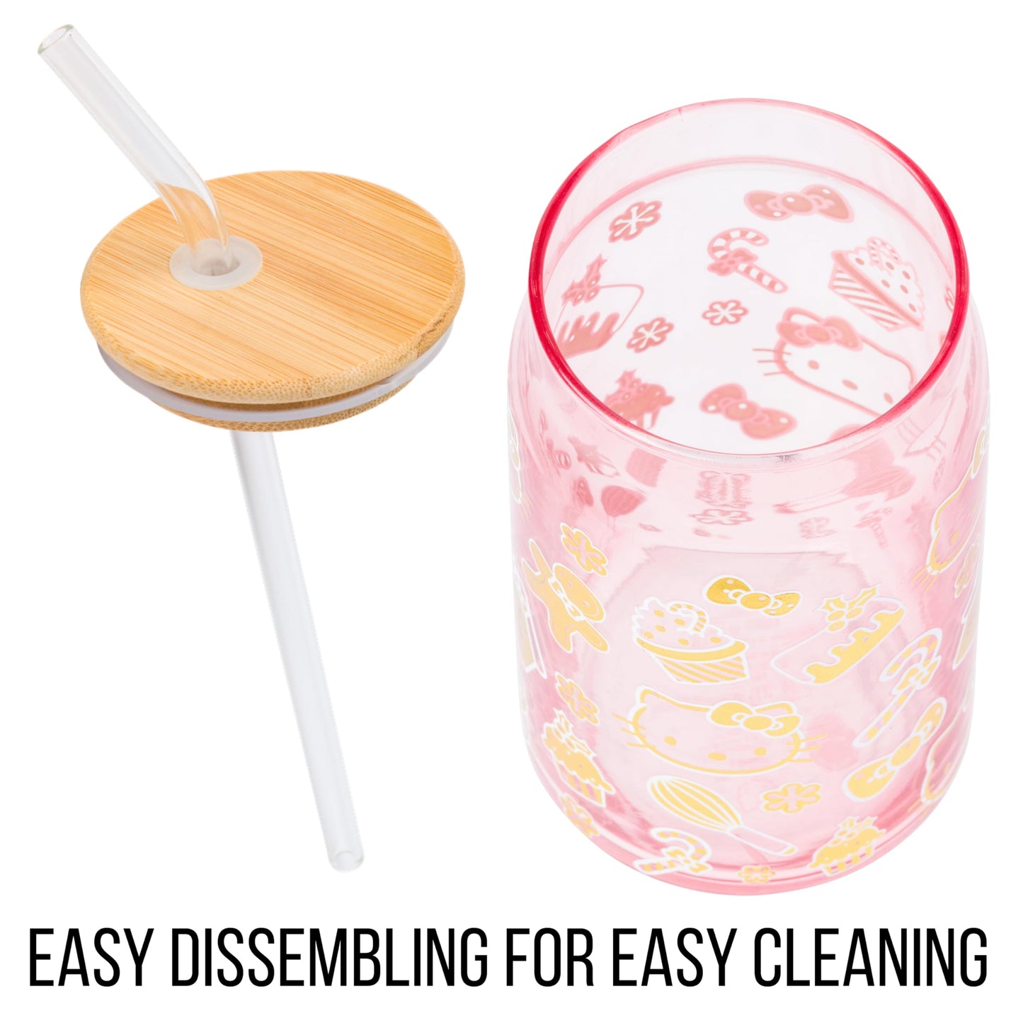 Sanrio Glass Jar Tumbler with Bamboo Lid and Glass Straw, 16 Ounces