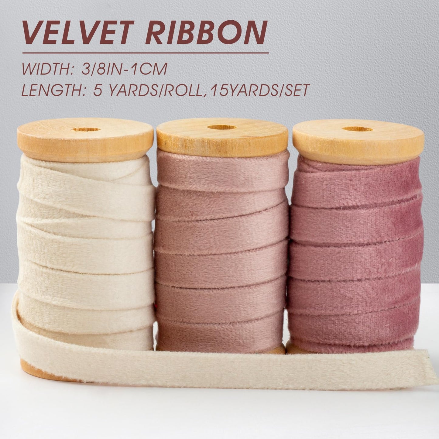 Velvet Ribbon Set: 3 Rolls of 3/8" Wide, 5 Yards Each, on Wooden Spools for Crafts and Decorations