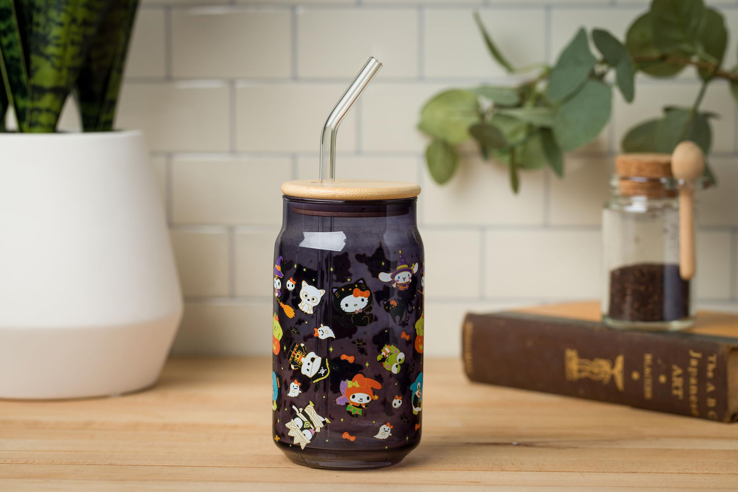 Sanrio Glass Jar Tumbler with Bamboo Lid and Glass Straw, 16 Ounces