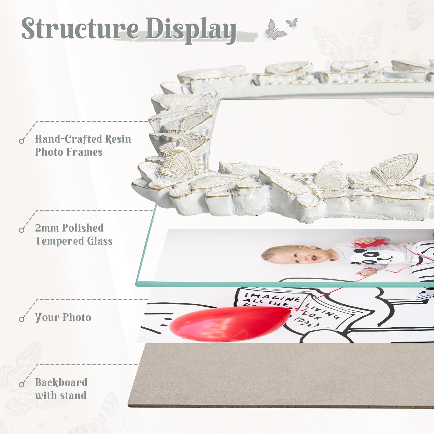 Picture Frame with High Tempered Glass, Butterfly Textured Hand-Crafted Resin Cute Photo Frame with Easel & Hook for Tabletop & Wall Display