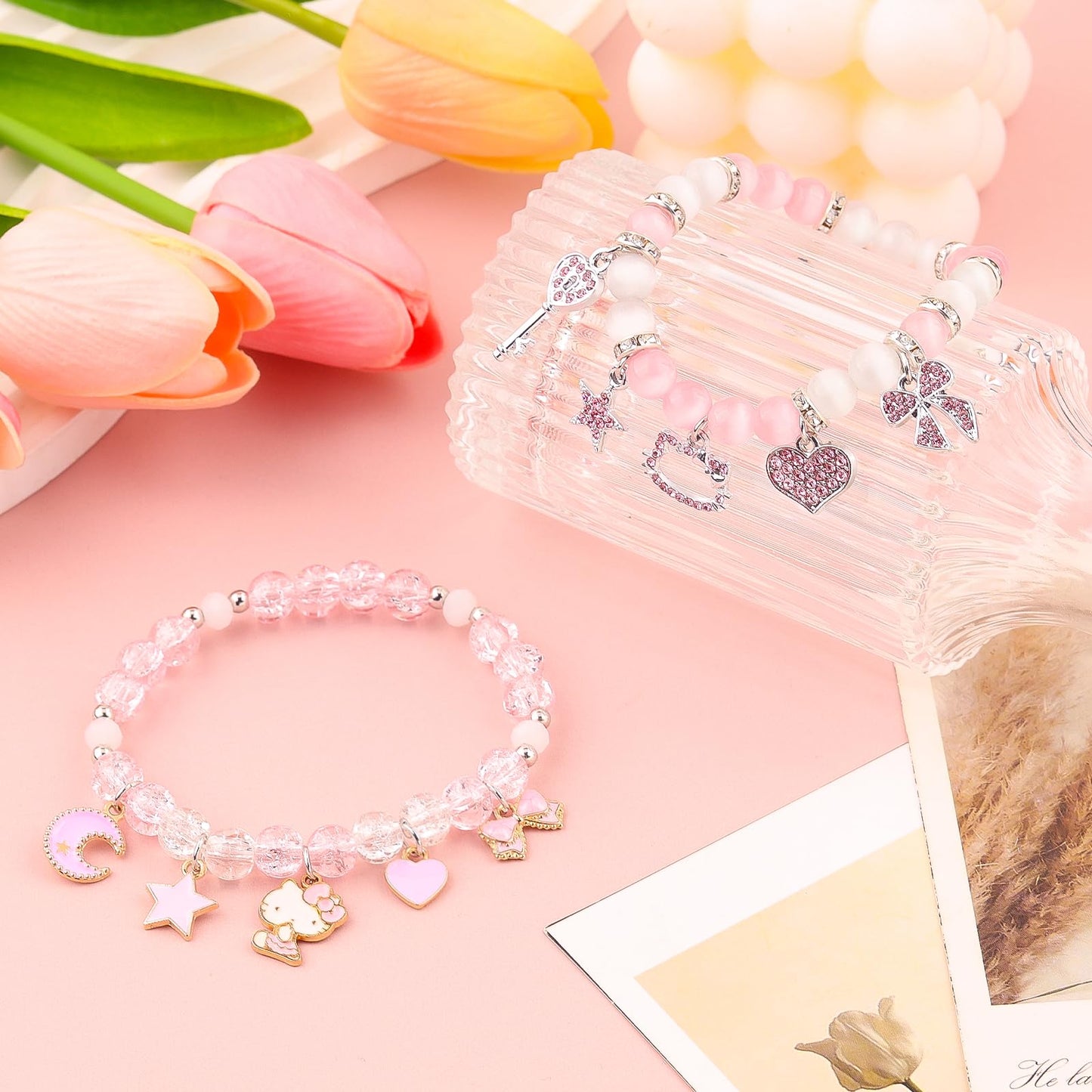 Cute Kitty Bracelet | Kawaii Set Crystal Bead Elastic Friendship Bracelets