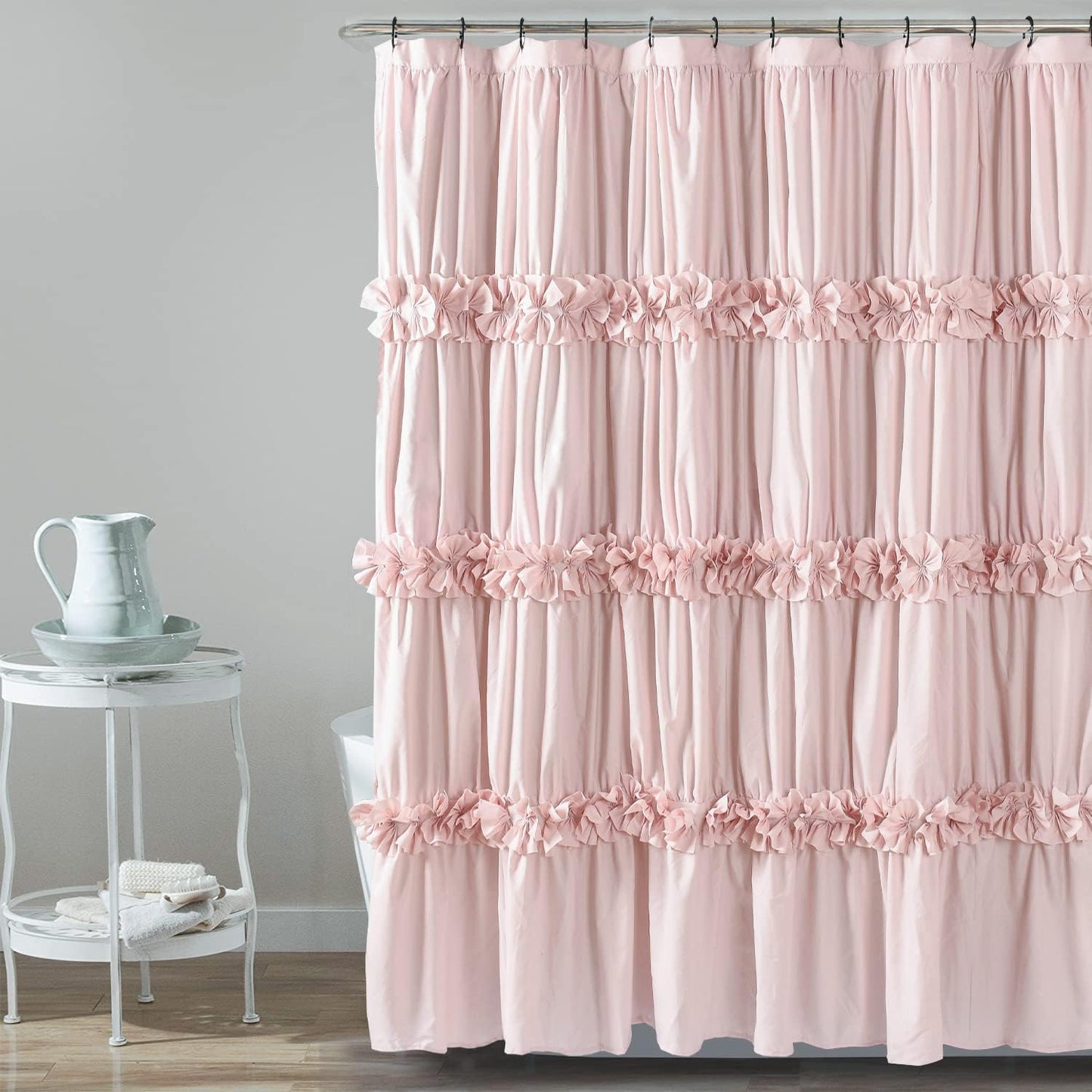 Victorian Bow Tie Ruffle Shower Curtain, with 12 Buttonholes, 72" W x 72" H, White (LQ-10)