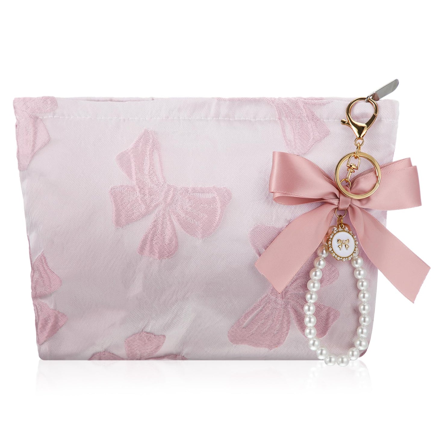 Coquette Pink Makeup Bag Pearl Bow Wristlet Keychain