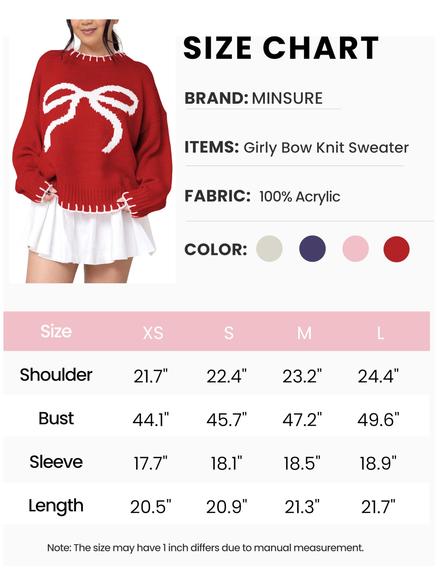 Women Y2K Bow Knit Sweater Crew Neck Long Sleeve Knitted Pullover Oversized Contrast Trim Knitwear