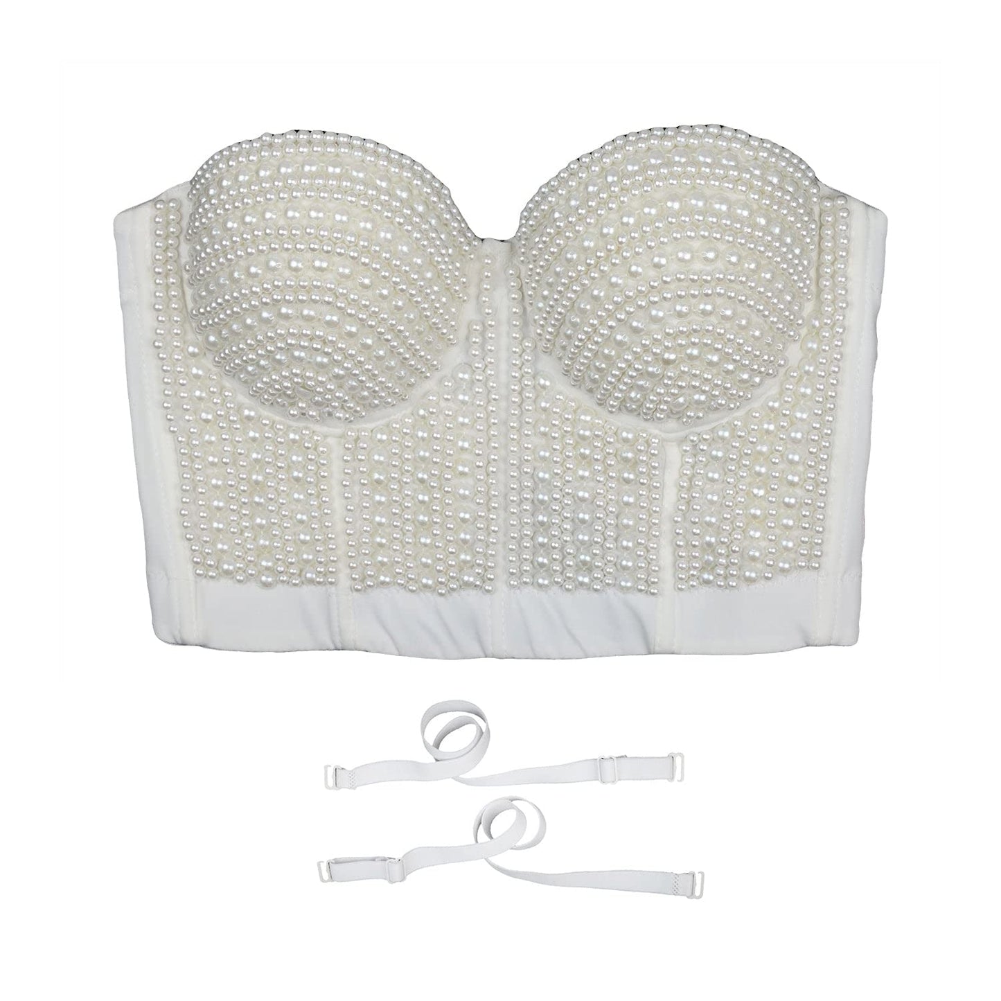 ELLACCI Woment's Pearls Beaded Bustier Crop Top Club Party Sexy Corset Top Bra White