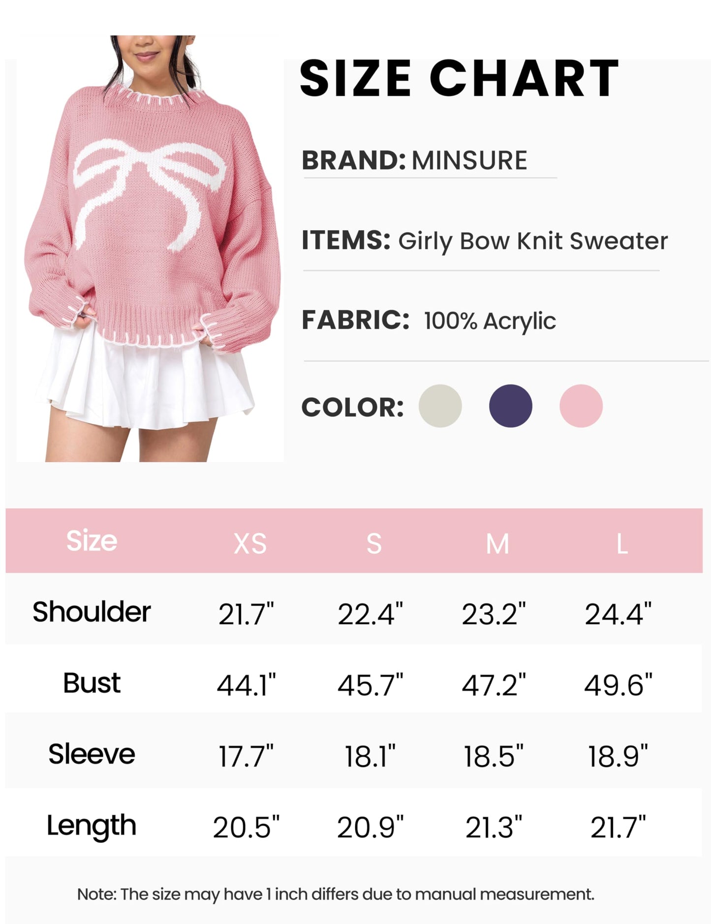 Women Y2K Bow Knit Sweater Crew Neck Long Sleeve Knitted Pullover Oversized Contrast Trim Knitwear