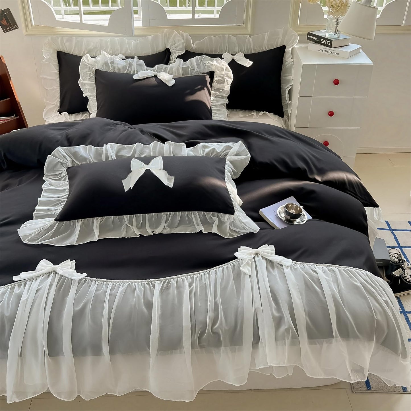 Princess Style Lace Bedding Comforter Cover Set, Chic Ruffled Duvet Cover with Lovely Bow, 1 Duvet Cover with 2 Pillowcases, No Comforter