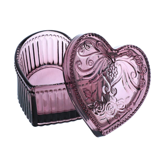 Heart-Shaped Crystal Glass Jewelry Box with Embossed Design and Lid