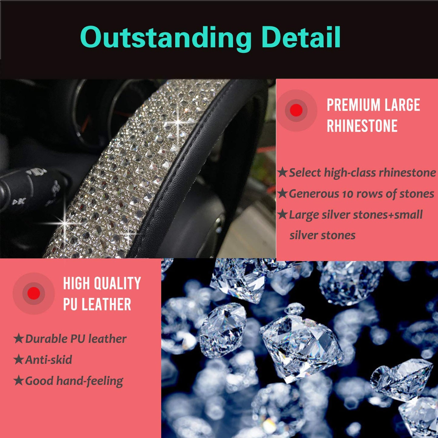 Universal Bling Bling Comfy Steering Wheel Cover with Jumbo Crystal Rhinestones, Anti-Slip Diamond Leather, 14.5-15 Inch