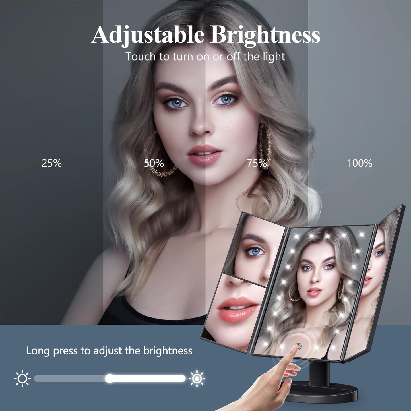 Makeup Mirror Vanity with Lights, 2X 3X 10X Magnification, Lighted Mirror, Touch Control, Trifold Dual Power Supply, Portable LED