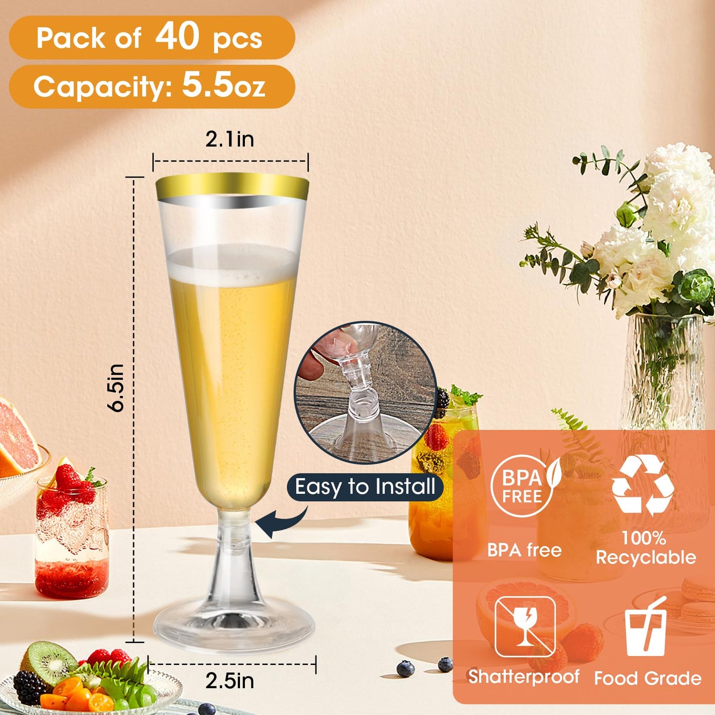 Champagne Flutes Plastic 100 Pack Disposable Mimosa Glasses