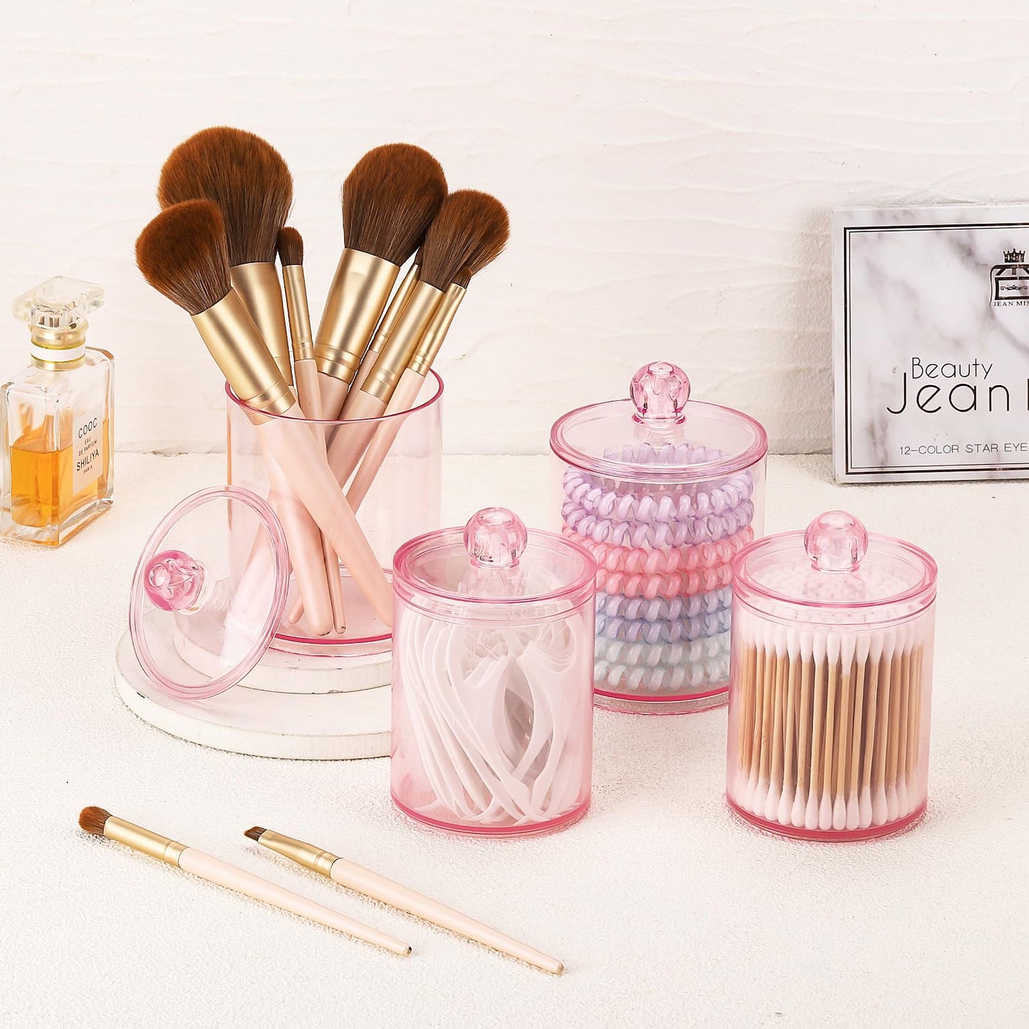 Pink Apothecary Jar – Q-Tips Holder & Cotton Swab Dispenser for Bathroom Storage